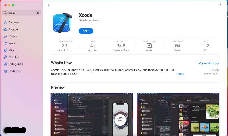App store page for XCode