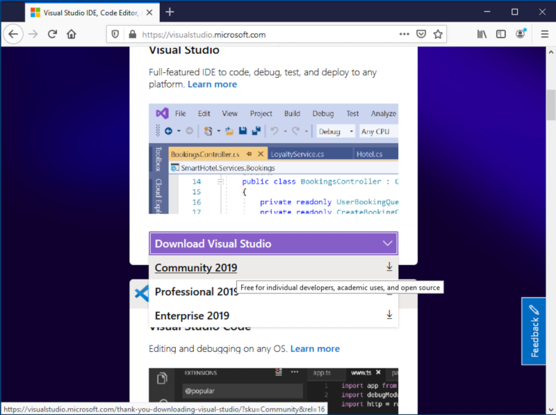 Download page of Visual Studio